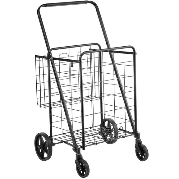 Heavy Duty Folding Shopping Cart with 360° Wheels, Double Basket & 110LBS Capacity - Grocery, Laundry, Luggage Utility Cart