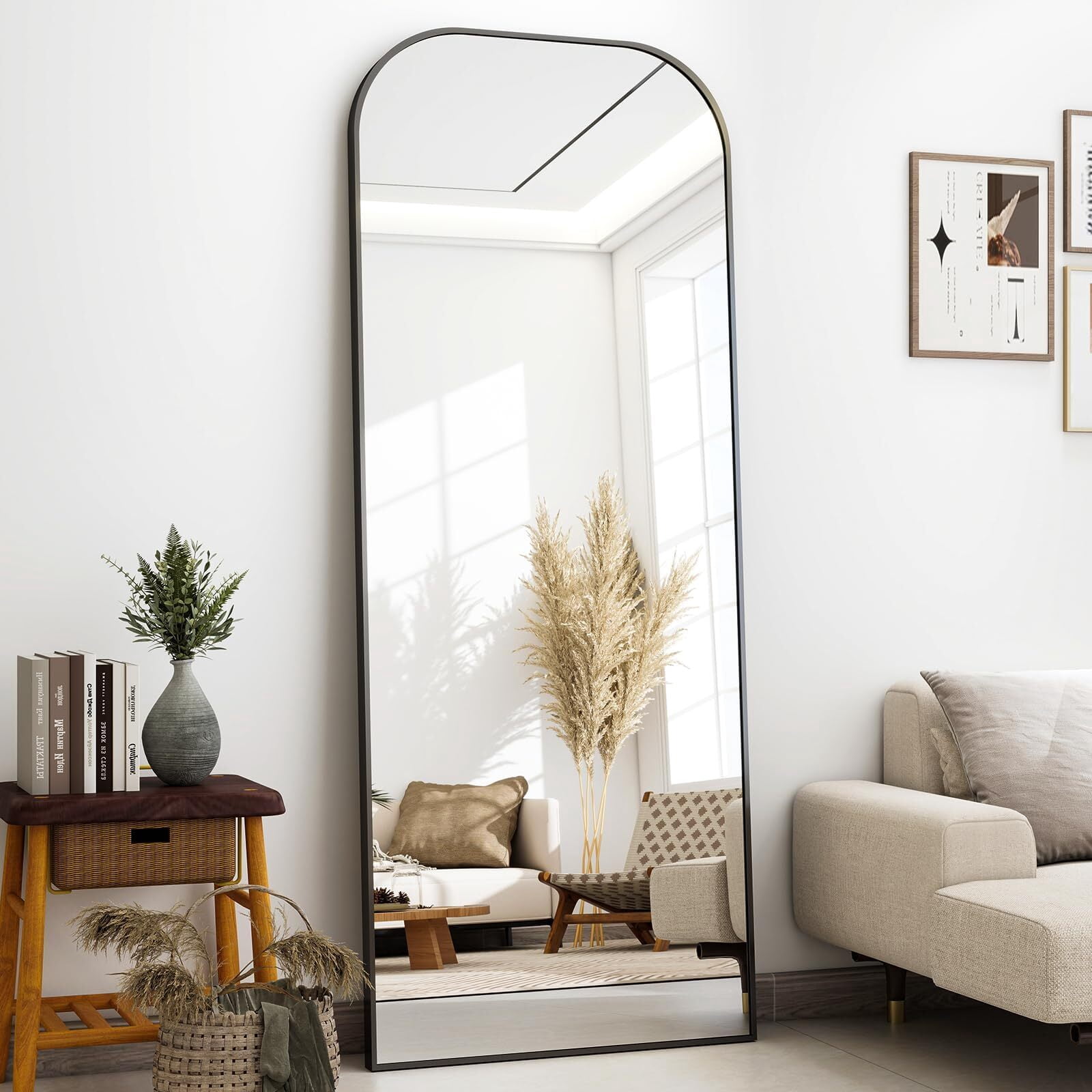 Lumora 64"x21" Rounded-top Full Length Mirror Free-standing Floor Mirror, Black
