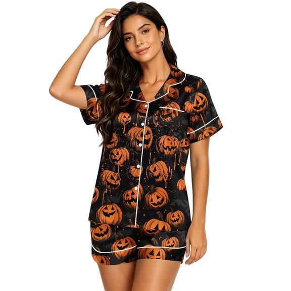 Halloween Pajamas Halloween Print Waist Button Short Sleeve Pajamas for Women Set