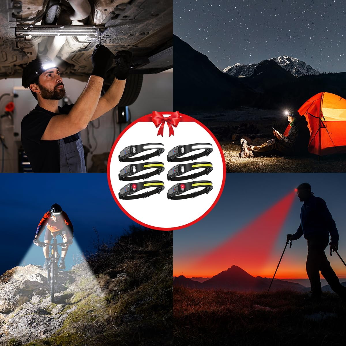 Headlamp Rechargeable 6pack  230° Wide Beam Led 7mode Headlamps For Adults Head Lamp With Motion Sensor Red Light Lamps Lights Forehead Running Camping