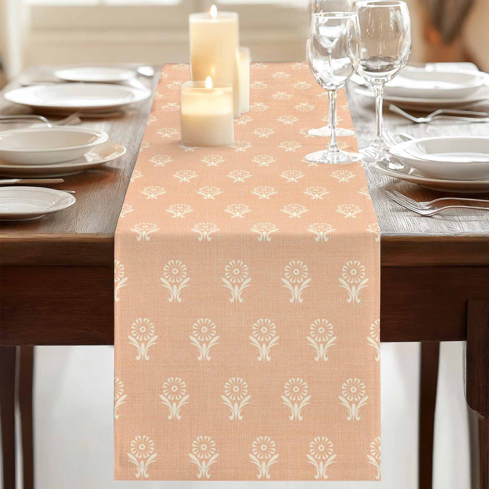 Abstract Bohemia Burlap Cotton Table Runner 13x48 Inches Long, Modern Boho Floral Orange Farmhouse Table Runners, Outdoor Dining Tablecloths Decor for Baby Shower/Party/Wedding