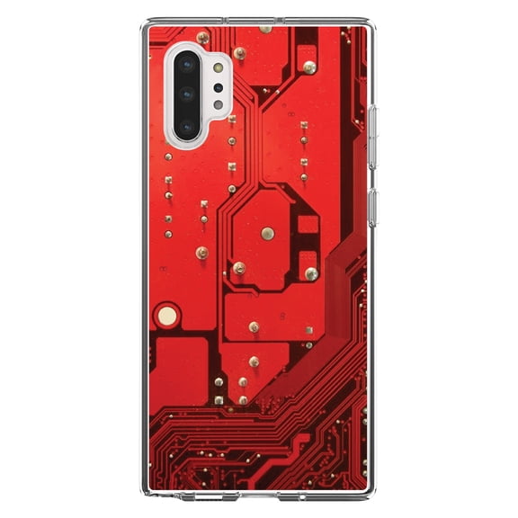 DistinctInk Clear Shockproof Hybrid Case for Galaxy Note 10 PLUS (6.8" Screen) - TPU Bumper, Acrylic Back, Tempered Glass Screen Protector - Red Circuit Board Image - Printed Circuit Board Image
