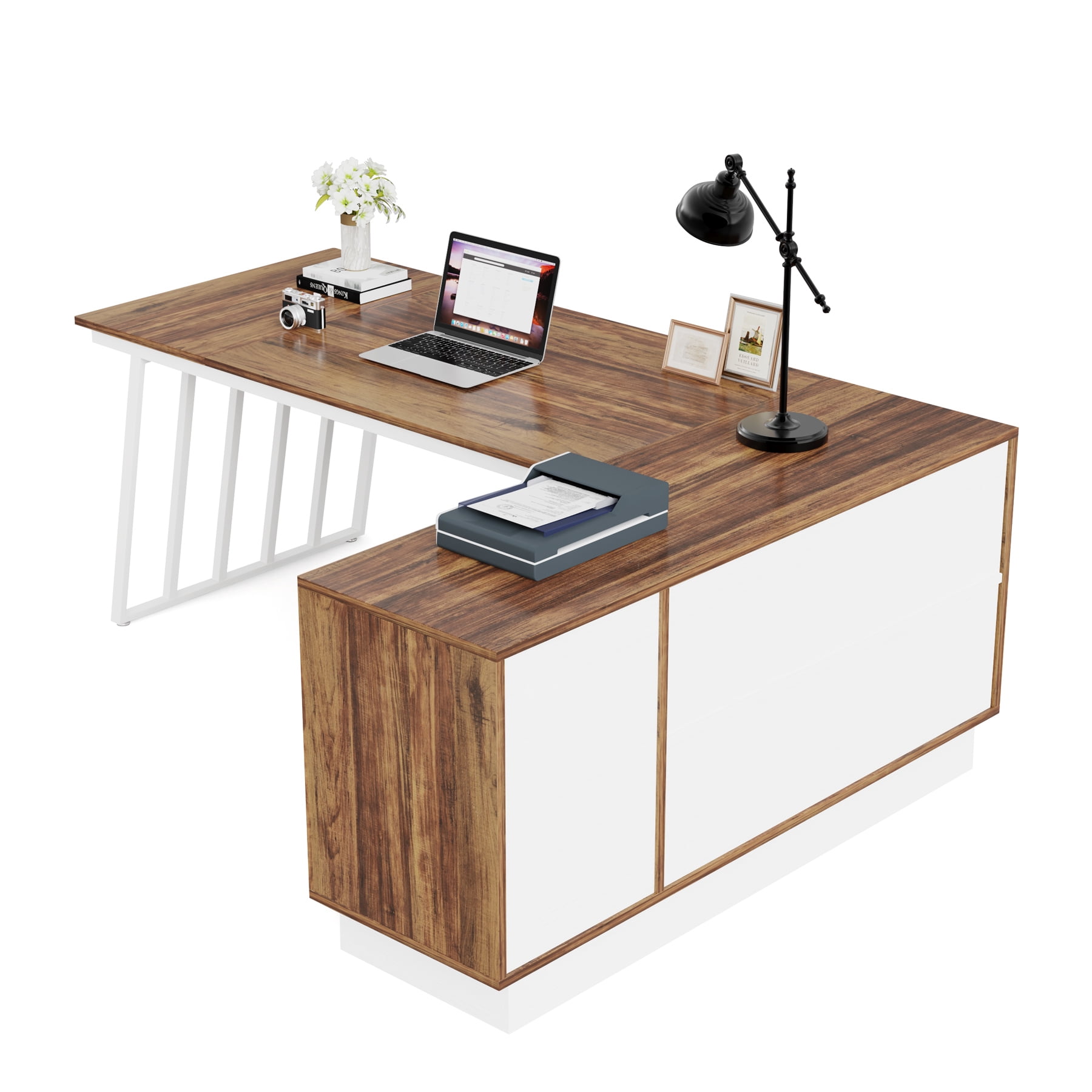 Fnova 71" L-Shaped Executive Desk with Storage Drawers and Open Shelves, Industrial Office Desk Writing Desk with File Cabinet, Spacious Corner Computer Desk for Home Office