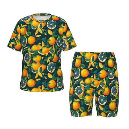 Luyuia Fresh Orange Print Girls  2-Piece Tie-Dye Pajama Set  Cute Summer Loungewear with Shirt and Tank Shorts Nightwear-Large