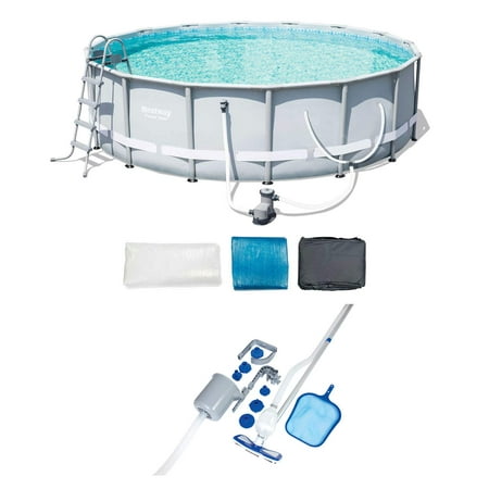 16ft x 48in Steel Pro Frame Pool Set with Filter, Ground Cloth, Cover, Ladder, Garden Hose Drain Adaptor, Chemconnect Dispenser, Pool Vacuum, and Maintenance Kit (Best Way To Drain Ears Of Fluid)