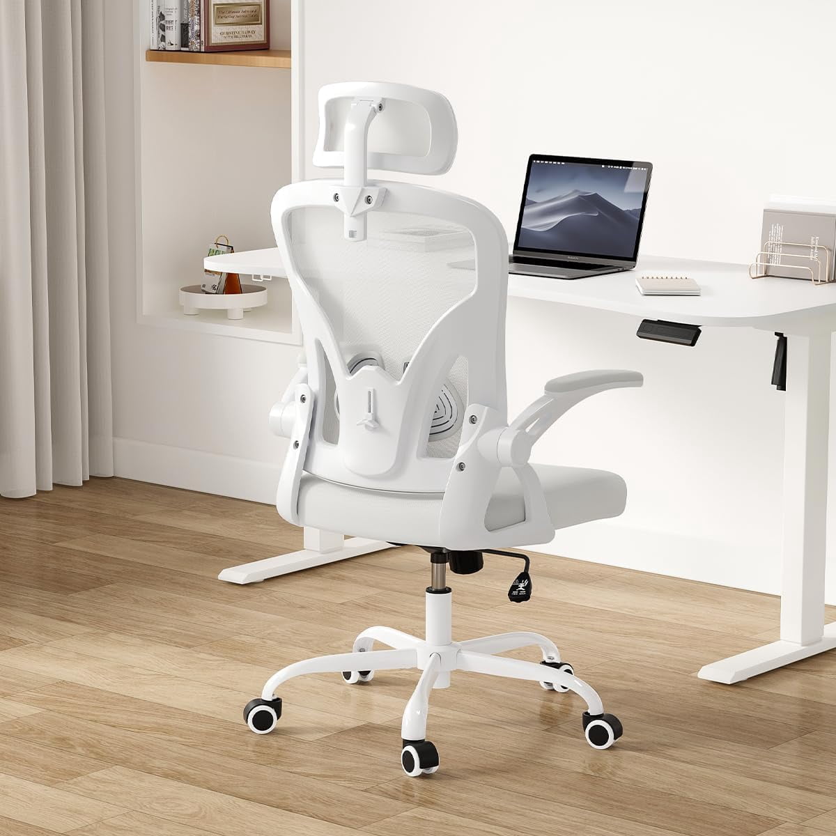 STARY Ergonomic Mesh Office Chair with Headrest, Tall Reclining Computer Chair with Adjustable Lumbar Support and Adjustable Arms for Home Office, White & White