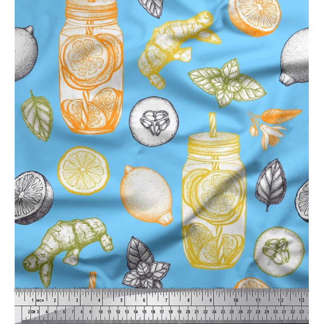 Soimoi Rayon Fabric Lemon Slice Jar,Cucumber & Ginger Vegetable Print Sewing Fabric Yard 42 Inch Wide