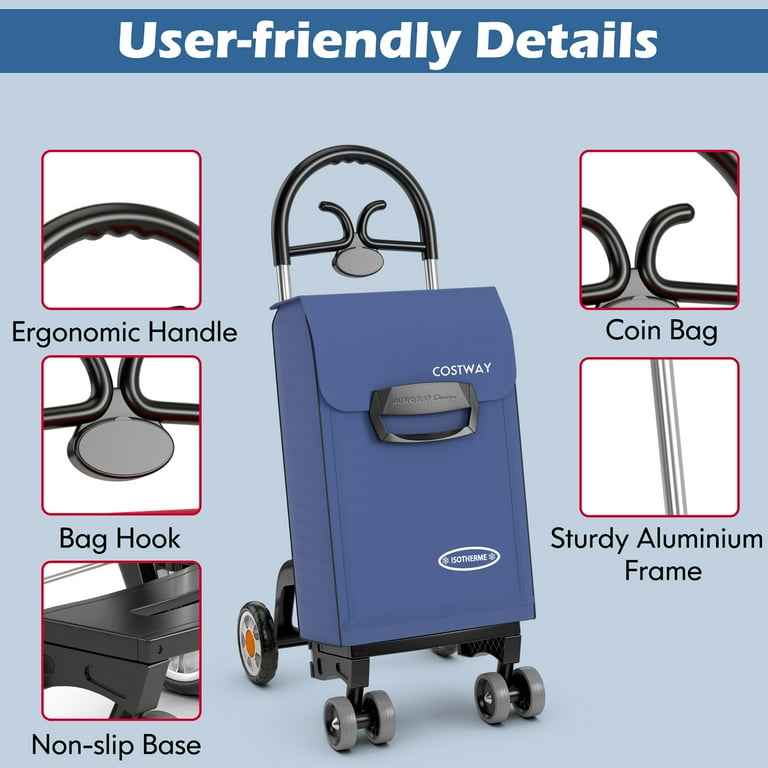 Costway Folding Shopping Cart Utility Hand Truck with Rolling Swivel Wheels Removable Bag Cozy Handle Blue