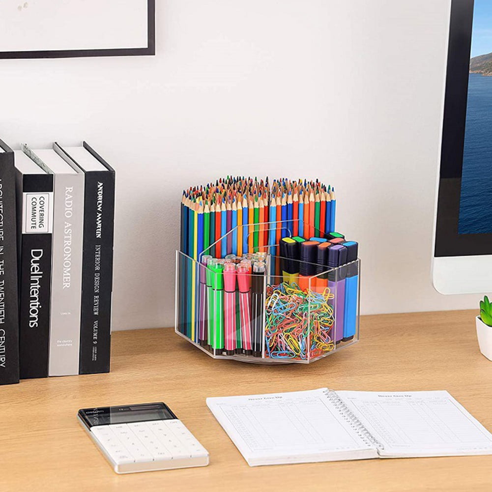 NiOffice Acrylic Pen Holder, 4 Compartments Multi-Capacity Desk Organizer  360° Rotating Clear Pencil Holder for Desk Aesthetic School Supplies, Desk  Art Supply …