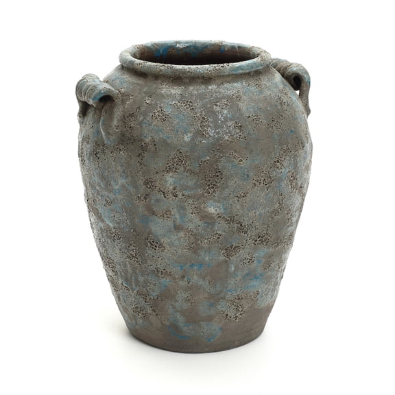LuxenHome Antiqued Blue & Brown Terracotta Vase with Handles, 12.6" Tall Farmhouse Vintage Pottery