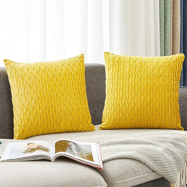 Fundas de almohada de color amarillo mostaza, fundas de cojín cuadradas decorativas de terciopelo suave a rayas para sofá, sala de estar, sofá, decoración del hogar, juego de 2