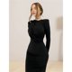 thumbnail image 5 of Vestido Ajustado de Otoño para Mujer, de Larga, con Cuello Redondo Fruncido y Corte Entallado, Vestido de Cóctel para Fiesta Negro M, 5 of 10