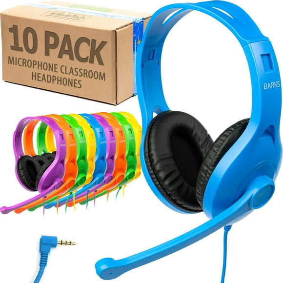 Barks Classroom Headphones with Microphone (10 Pack, Mixed Colors) - Superior On-Ear Bulk Headphones for School: Best for Students K-12 Classrooms (Rotating Boom Mic, Go