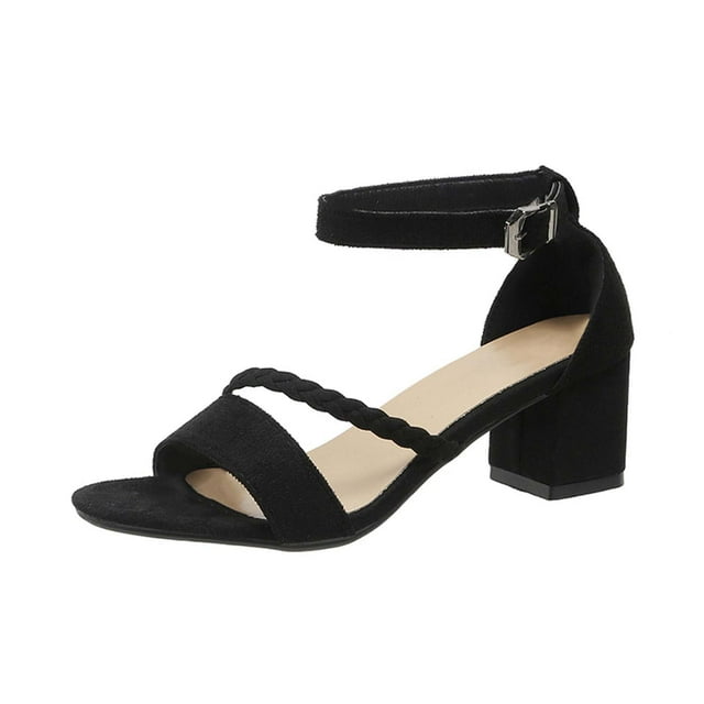 Womens High Heel Sandals Weave Straps Open Toe Mid Heels Chunky Ankle Adjustable Buckle Suede Solid Color Non Slip Comfortable Lightweight Summer Sandals Black