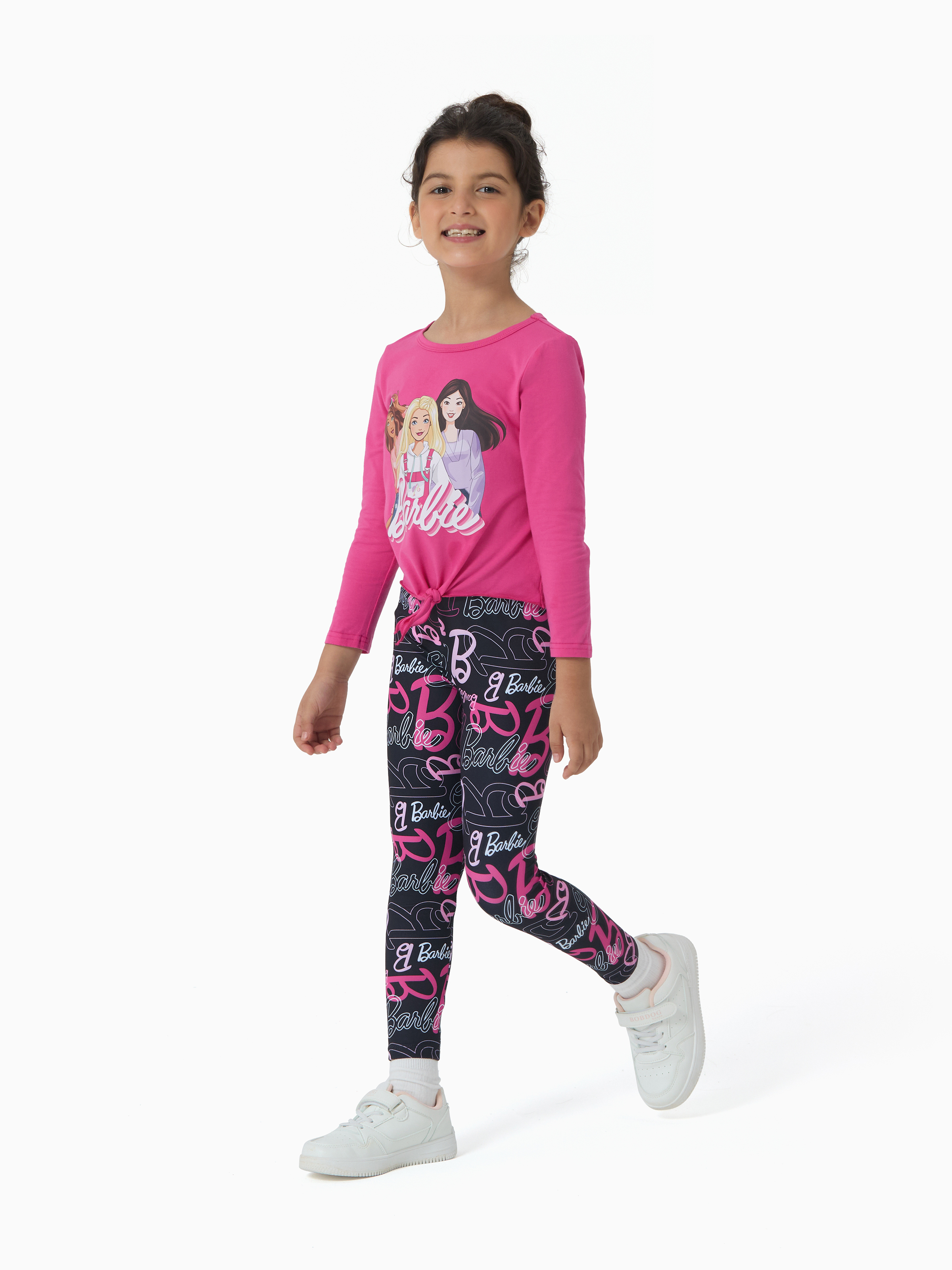 Barbie Girls 2Pcs Pink Outfit Set Long Sleeve Graphic Tee And Logo Print Legging Casual Matching Clothes Sizes 5-12Y