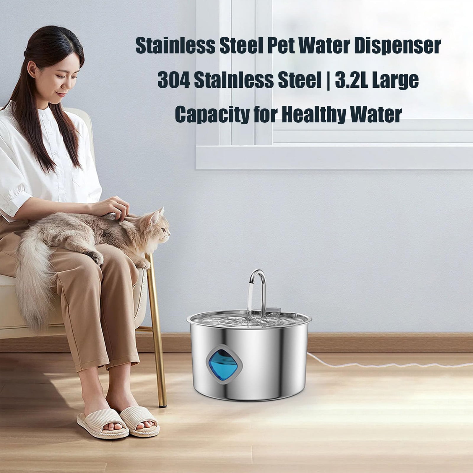 3.2L Smart stainless steel cat water dispenser, ultra-quiet pet automatic filtration water dispenser, dog water dispenser, with water level window, with filtration system