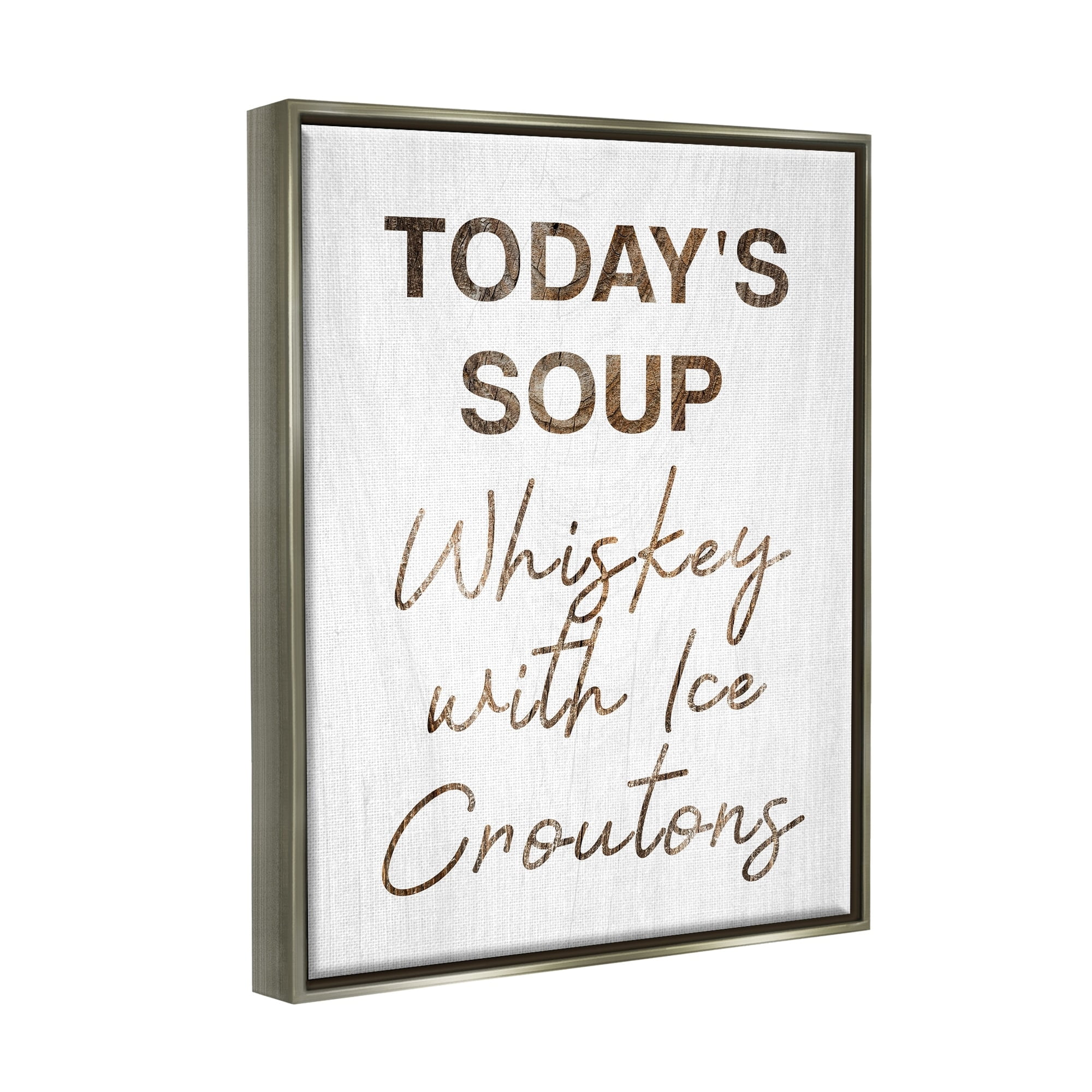 Stupell Industries Whiskey & Ice Croutons Witty Kitchen Cocktail Phrase Graphic Art Luster Gray Floating Framed Canvas Print Wall Art, Design by Daphne Polselli