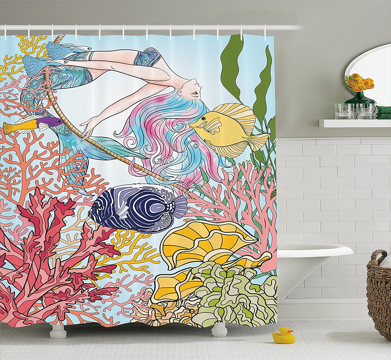 Mermaid Shower Curtain by , Hand Drawn Mermaid Creature Swinging on