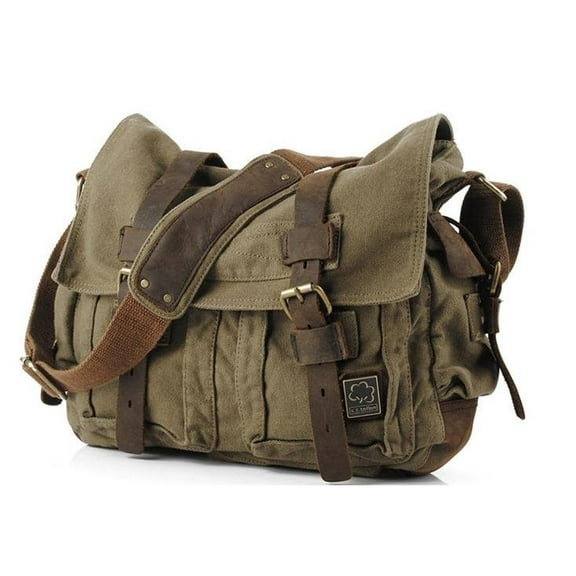 Men's Medium "Colonial" Italian Style Messenger Bag with Leather Straps - Army Green