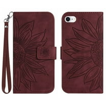 Mantto for iPhone SE 2022 / iPhone SE 2020 / iPhone 8 / iPhone 7 (4.7 inch) Wallet Case with Wrist Strap,Stylish Sunflower Embossed PU Leather Magnetic Flip Stand Card Slots Phone Cover,Winered