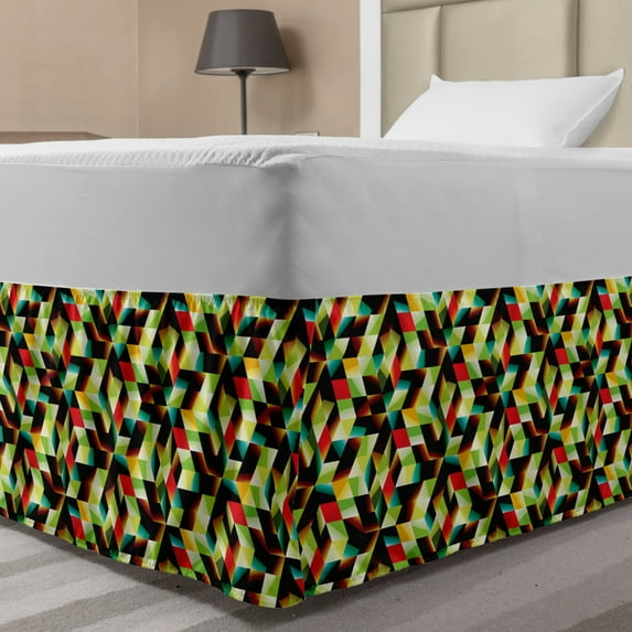 Colorful Bed Skirt, Polygonal Pattern with Triangle Shapes Futuristic Inspirations Repetitive Simple, Elastic Bedskirt Dust Ruffle Wrap Around for Bedding Decor, 4 Sizes, Multicolor, by Ambesonne