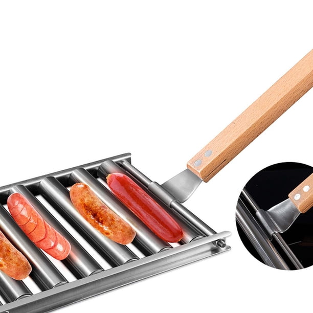 Soporte de rodillo para Parrilla para parrilla Calentador de cocina con mango de madera Rodillo para parrilla para perros calientes Rodillo sin palos Macarena Rodillo De Salchicha