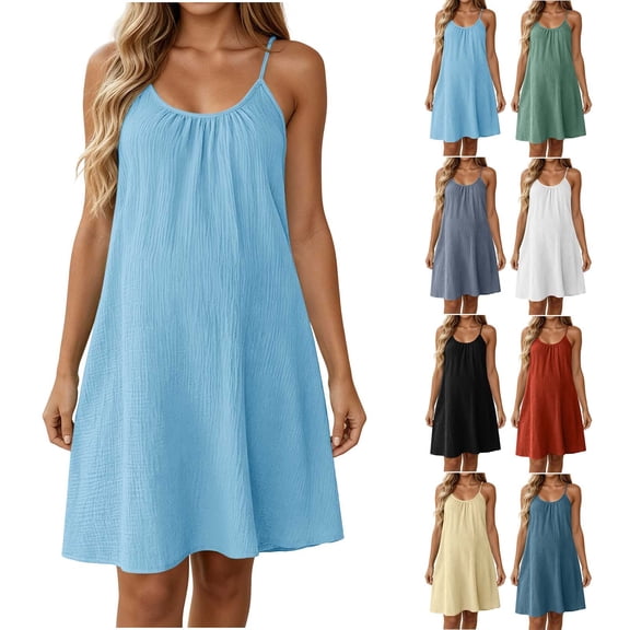 Zpzdpjkx Women's Solid Cotton Linen Cami Dress Adjustable Spaghetti Strap Round Neck Pleated Loose-Fit Vacation Mini Dress