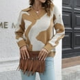 thumbnail image 5 of Womens V Neck Lapel Color Block Sweater Tops Long Sleeve Casual Fashion Knitted Sweater Blouse Pullover for Winter, 5 of 7