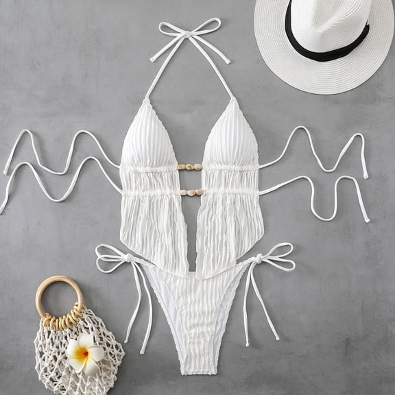 Blmnix Set Womens Swimsuit Bikini Swimsuits Sexy Swimsuits Bathing Suits Tankini Swimsuits White Halter Swim Top,L