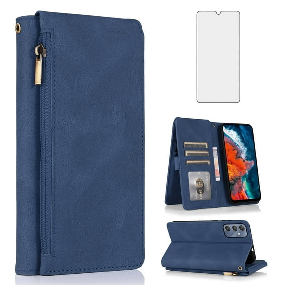 Asuwish Phone Case for Samsung Galaxy A25 5G/A24 4G/M34 /F34 Wallet Mobile Credit Cell Cover with Tempered Glass Screen Protector Flip Zipper Stand Card Holder Slot A 25 25A 24A LTE Women Men Blue