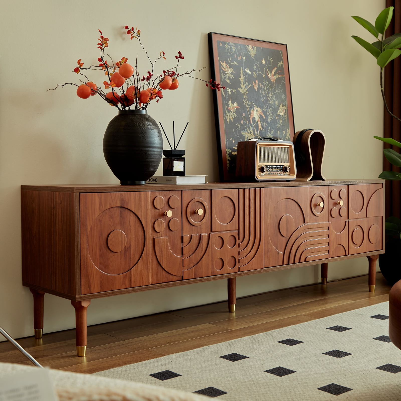 siu want Modern TV Stand for 75 inch TV, 66.9" Retro Media Console with Carved Geometric Doors & 4 Cabinets, Walnut Entertainment Center​
