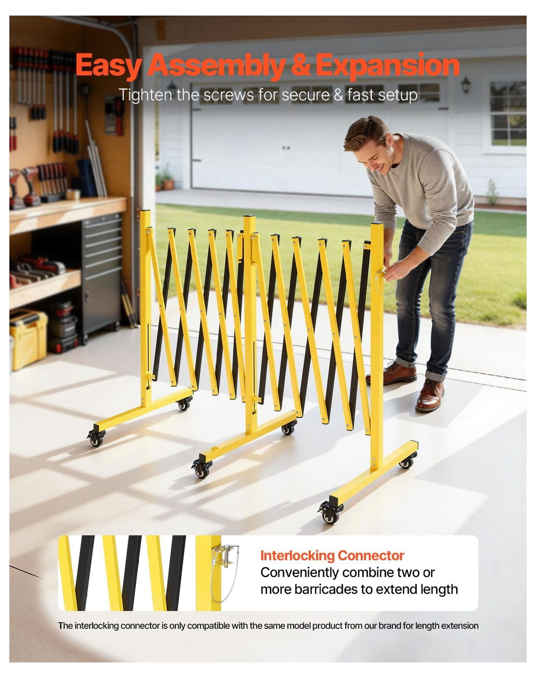 18FT Expandable Barricade, Industrial Safety Barrier, Mobile Folding Gate with Casters - Metal Traffic Fence for Warehouse, Construction, Driveway
