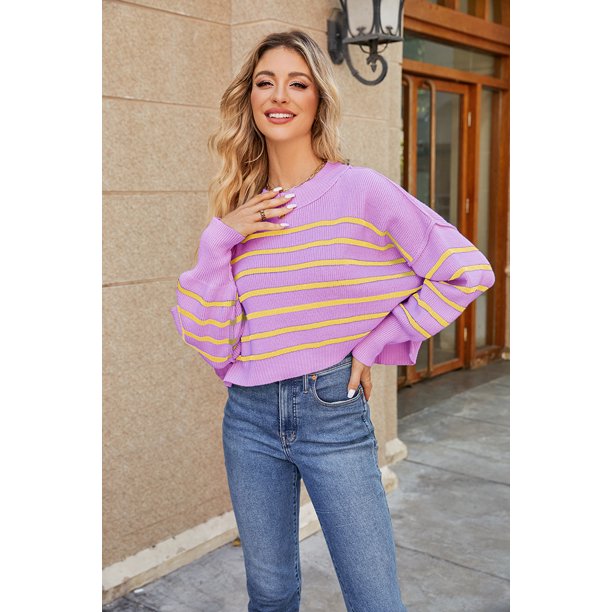 Suéteres de gran tamaño para mujer, suéter cálido y grueso de punto difuso para otoñoPurple stripeM