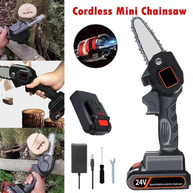 4-Inch 24V 550W ,Mini Chainsaw red Mini Chainsaw Set Cordless Electric Protable Chainsaw with 4 Chain and Splash Board 0.7kg Lightweight Pruning Shears Chainsaw for Garden Tree Branch Wood Cutting 