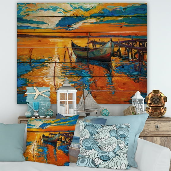 Designart 'Boat At The Lake During Evening Glow VII' Nautical & Coastal Print on Natural Pine Wood