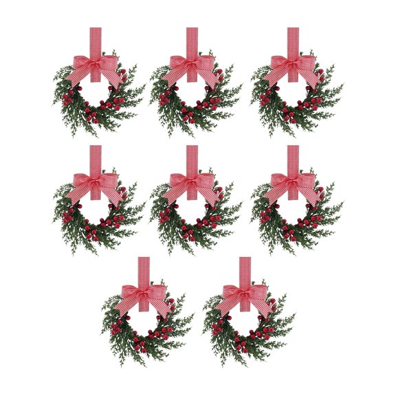 Set of 8 Small Christmas Kitchen Cabinet Wreaths with Ribbon, Artificial Pine Mini Wreaths with Red Bows and Berries for Windows, Doors, Hanging, Cabinet, Tabletop & Xmas Holiday Home Decor