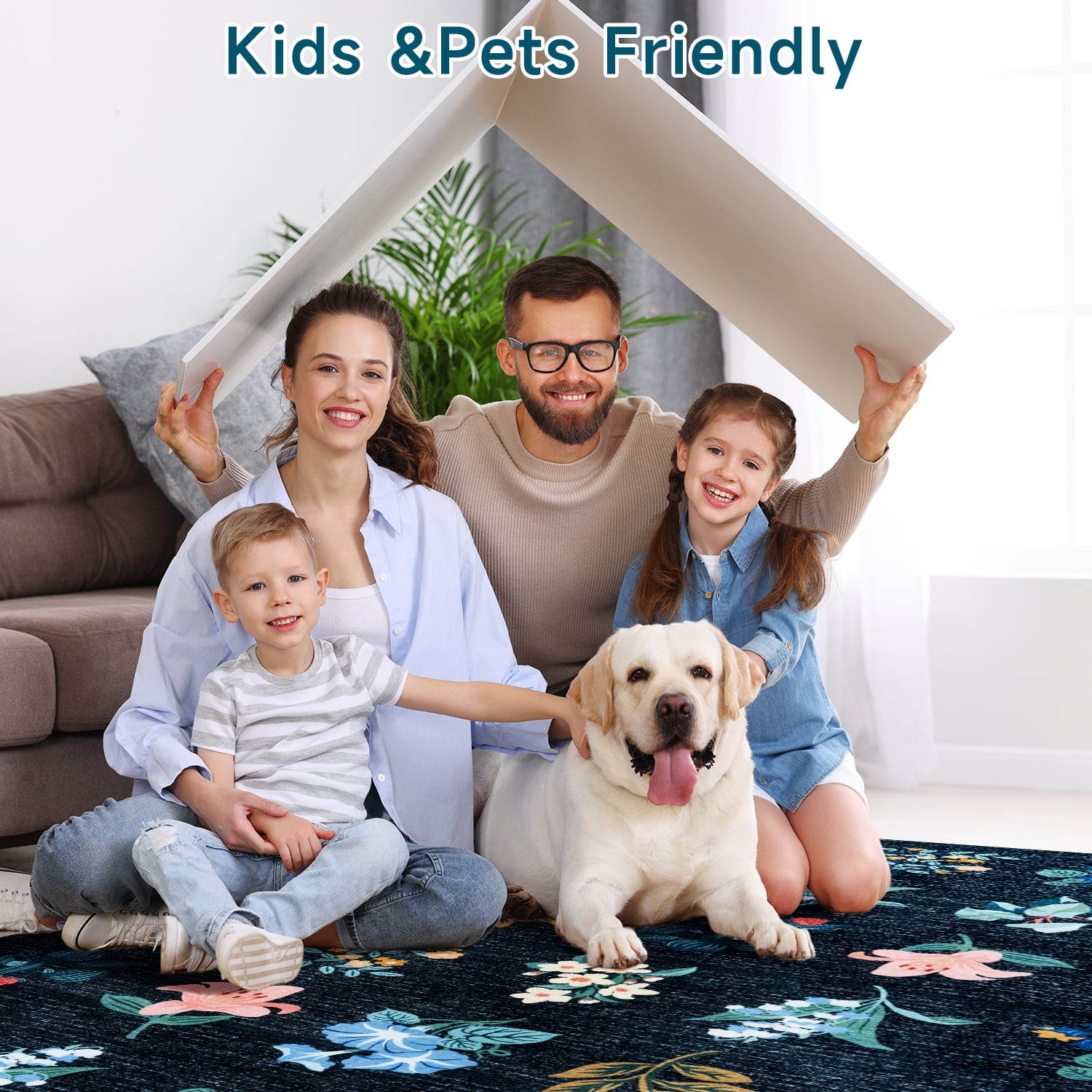Wondo 4x6 Washable Floral Rug, Bright Floral Pattern Bohemian Rug for Bedroom, Low Pile Non-Slip Decorative Rug for Living Room, Kids Room, Office, Dining Room, Navy Blue