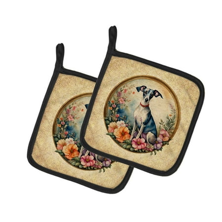 

Italian Greyhound and Flowers Pair of Pot Holders 7.5 in x 7.5 in