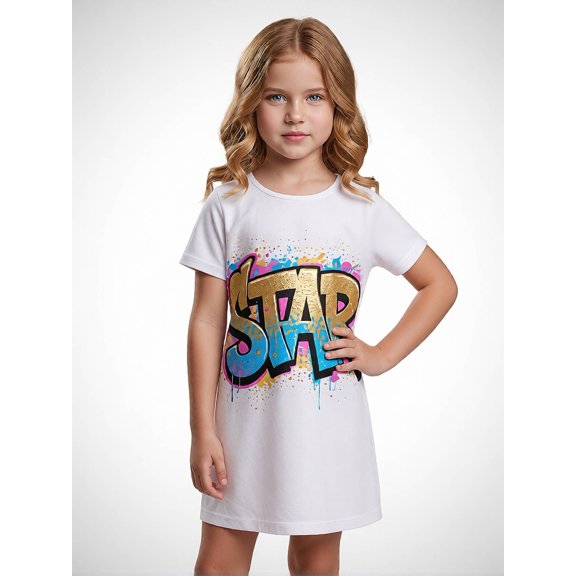 Kids Charming Short Sleeve Dress Regular-Fit Crew Neck Casual Dresses for Girls Kids Girls Age 5-13 Pull-On