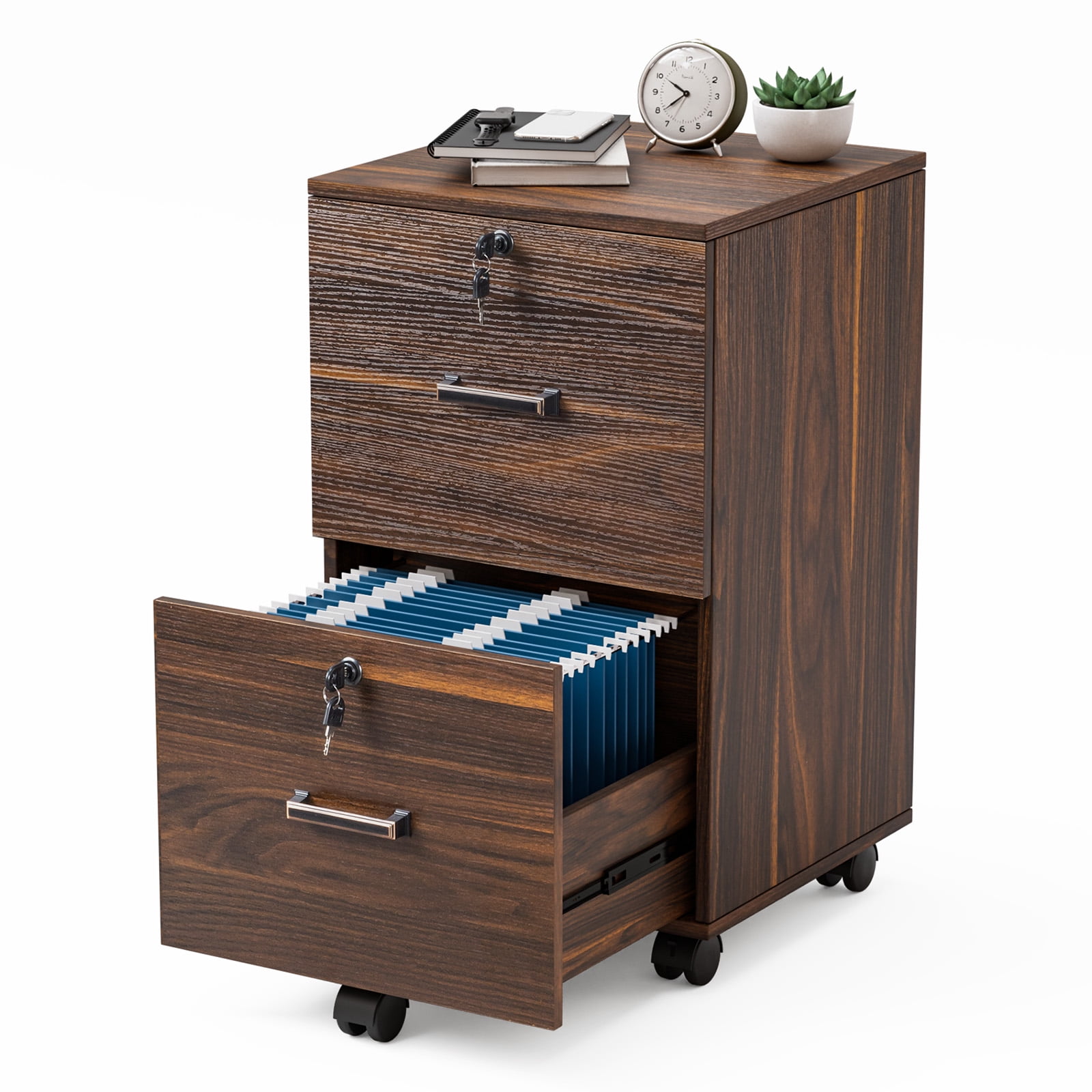 Ktaxon 2-Drawer Rolling Wood File Cabinet with Lock, Portable Vertical Mobile Wooden Storage Filing Cabinet for Home Office,Brown Coffee