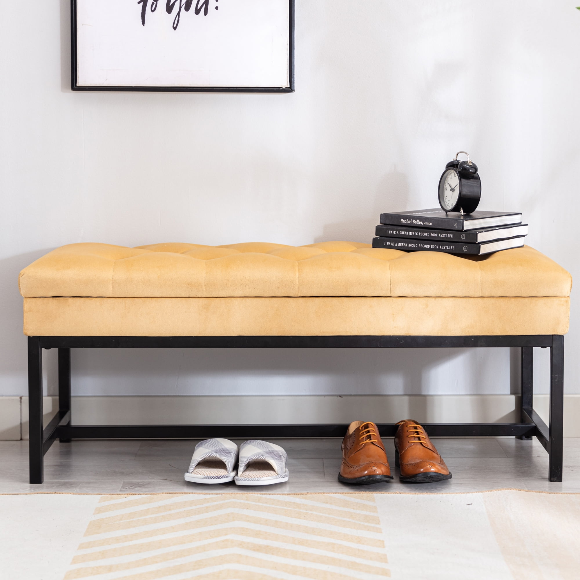 Yellow Storage Bench, Clamshell Rectangle Storage Bench with Metal
