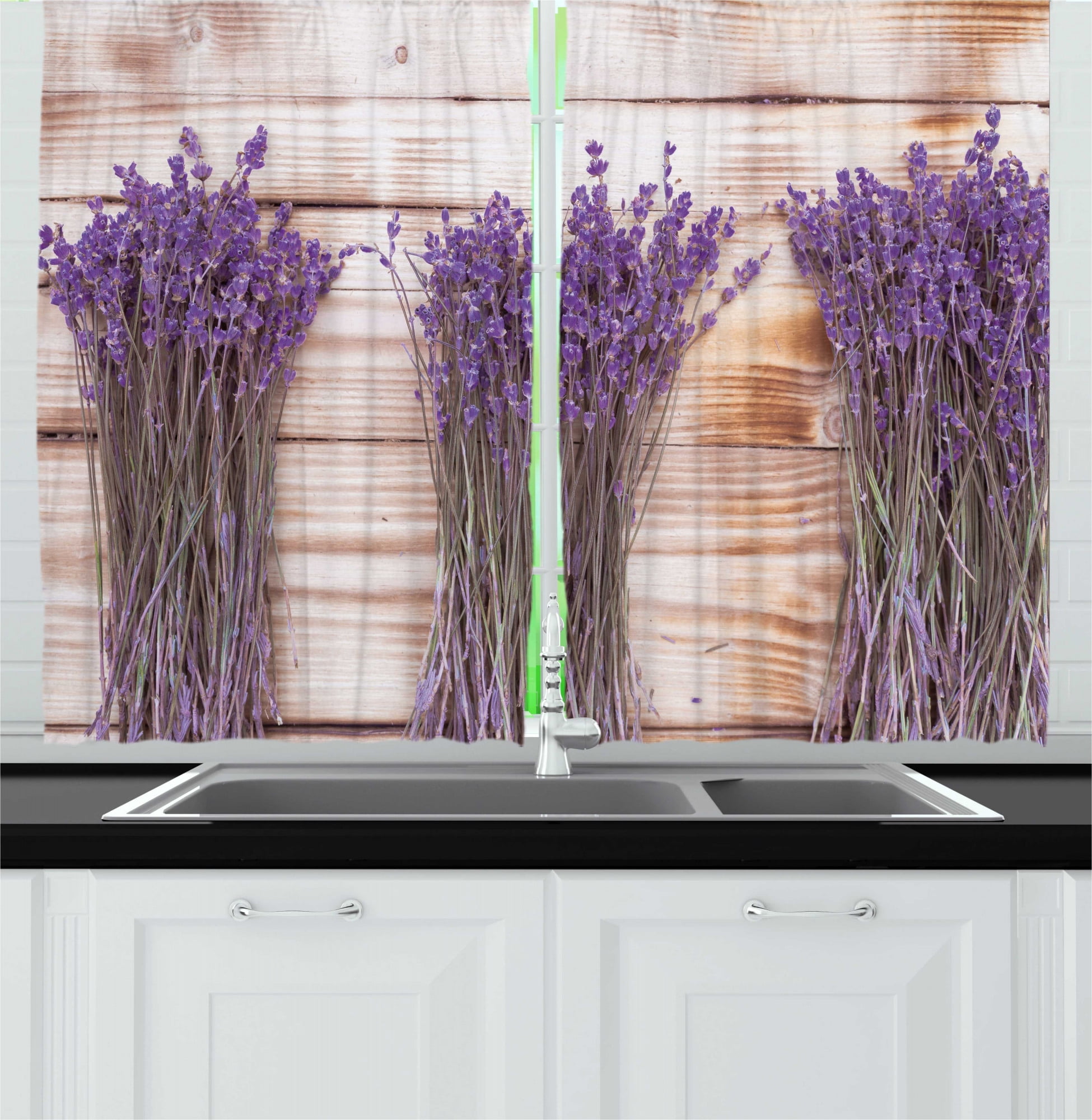Herb Kitchen Curtains, Dried Lavender Flower Botany Bouquets on Rustic
