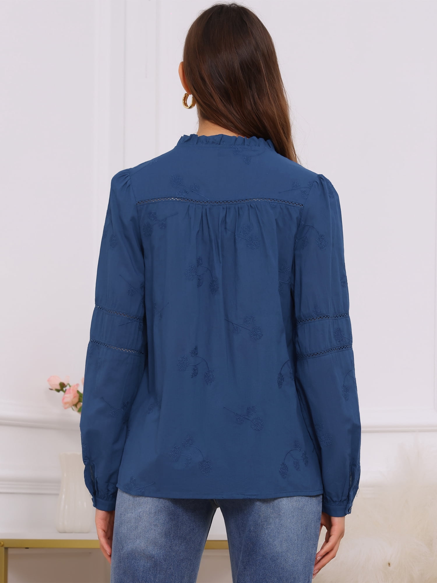DARING DIVA Women's Maternity Cotton Button Down Long Sleeve Jacquard Blouse S Blue