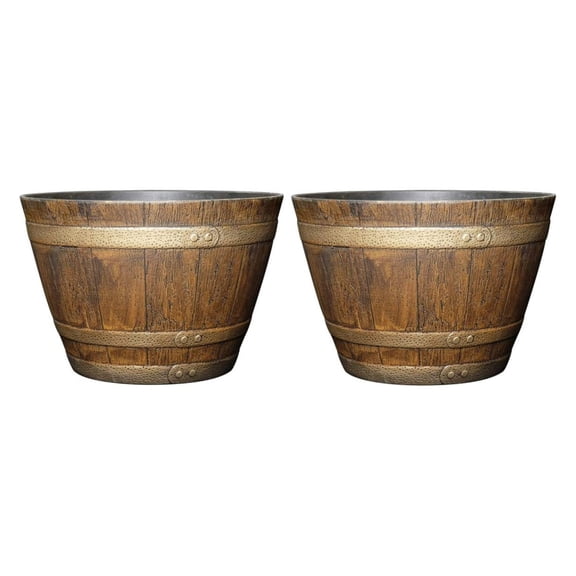 Drevy Whiskey Resin Flower Pot Barrel Planter, Distressed Oak, 15", 2 Pack