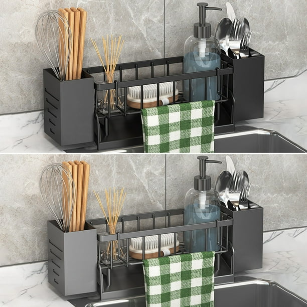 Organizador de almacenamiento para fregadero de cocina | Repisa de plástico para encimera para esponjas, trapos y utensilios | Doble capa, orificios de drenaje, patas estables | Negro y gris