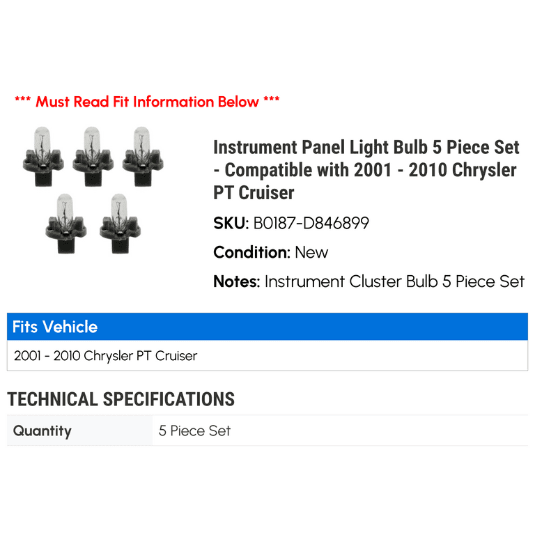 Instrument Panel Light Bulb 5 Piece Set - Compatible with 2001 