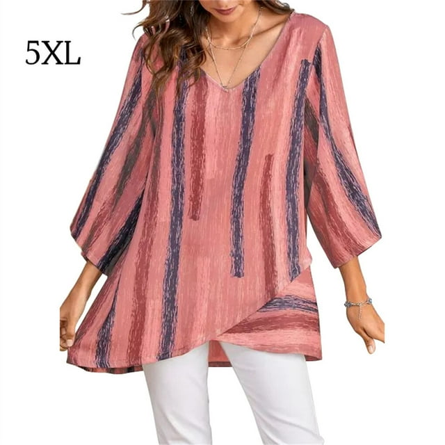 Baohd T-shirt Femme Manches Longues Blouse Ample Automne Col en V Rayé Rouge 5TG
