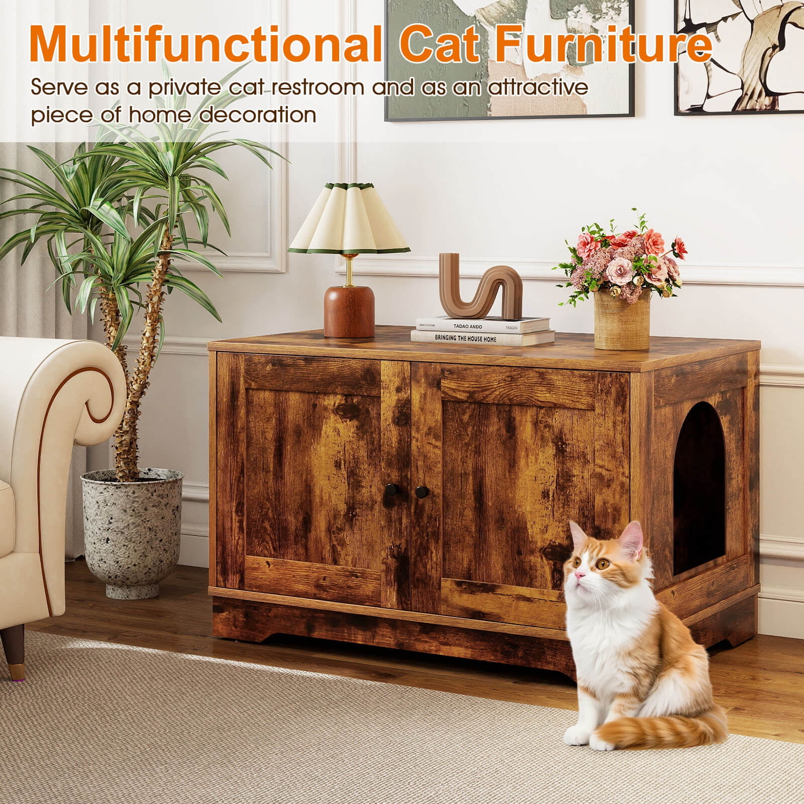 Costway Cat Litter Box Enclosure Furniture with Double Doors Divider Side Entry for Cats Brown