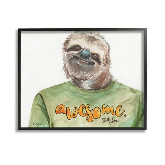 Stupell Industries Sloth with Awesome Shirt Animals & Insects Painting Black Framed Art Print Wall Art, 14 x 11
