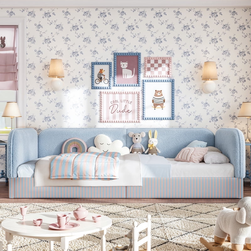 Twin Size Upholstered Floor Daybed Frame for Kids, Half-Enclosed Montessori Platform Bed with 3-Sided Surrounding Guardrails